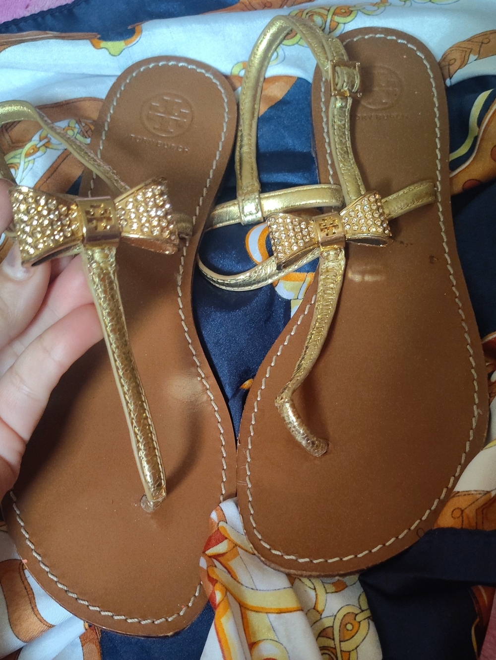 Tory Burch Metallic Gold Bow T-Strap Sandals